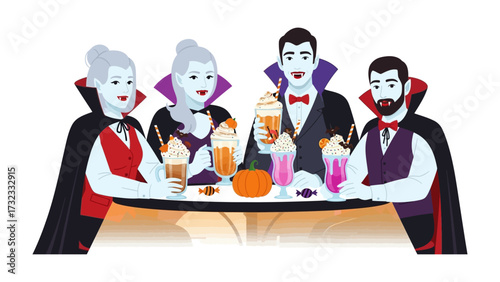 Vampire Gather in Party: A convivial gathering of elegant vampires, relishing in festive drinks. Each holds a vibrantly colored beverage, gathered around a table.