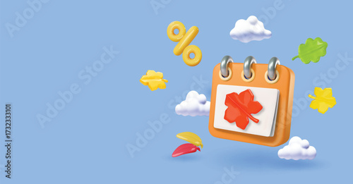 Autumn seasonal banner with leaves, calendar and percentage sign, Read maple and yellow oak leaf. Autumn attributes discount advertising. Vector 3d cartoon illustration