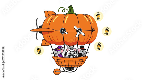 Whimsical Pumpkin Airship: A fanciful illustration of a pumpkin-shaped airship, playfully piloted by costumed mice, floating in a whimsical, Halloween-themed scene.