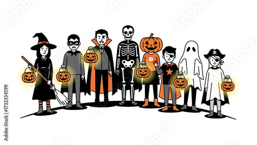 Spooky Gathering of Halloween Characters: A delightful gathering of Halloween figures, including a witch, vampire, skeleton, and ghost, each holding a lantern and ready for a night of frightful fun.