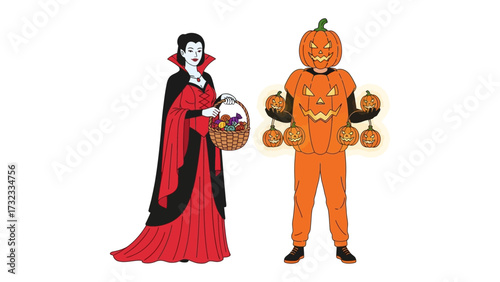 Halloween Celebrations: Two figures dressed in a vampire costume and a pumpkin suit on a backdrop. Embodying the spooky season with playful imagery.