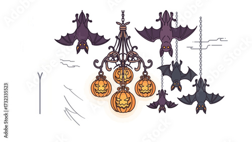 Halloween decoration: Illustration featuring a spooky chandelier adorned with Jack o' lanterns, and hovering bats, evokes the eerie atmosphere of Halloween.