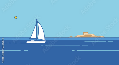 Illustration of a sailboat sailing on the ocean with an island in the distance.