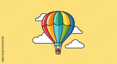 Colorful hot air balloon floating in the sky with fluffy white clouds, vector illustration.