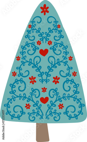 ivy leaves, heart and red flower Christmas tree sign illustration for decoration on Christmas holiday.