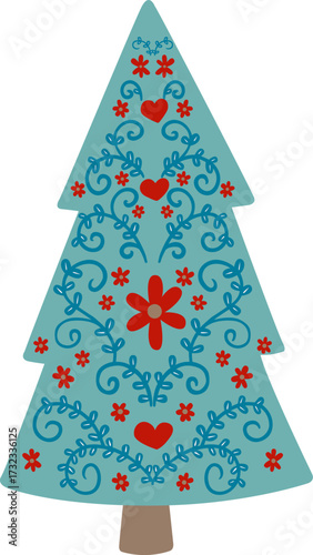 ivy leaves, heart and red flower Christmas tree sign illustration for decoration on Christmas holiday.