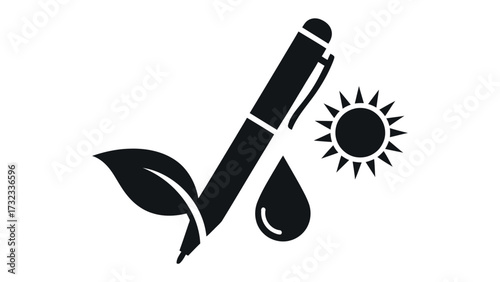 Eco-Friendly Pen Symbol: The artistic rendition of an eco-friendly pen, representing sustainable writing, set against the radiant sun and serene nature, evokes a sense of responsibility.