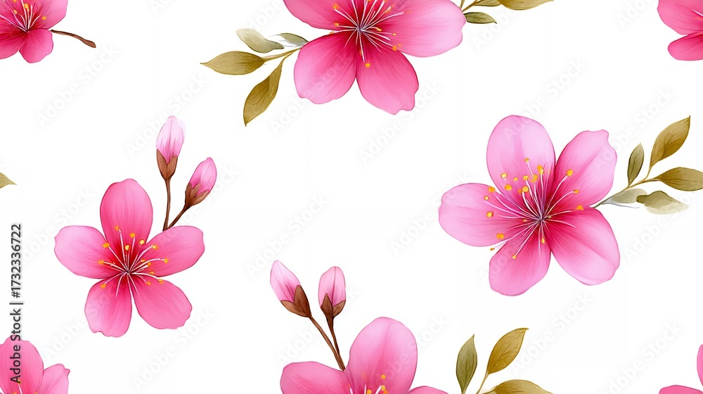 Fototapeta premium Pink Watercolor Flowers Pattern on White Backdrop Floral Seamless Design