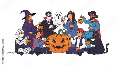 Halloween Gathering: A vibrant illustration capturing the essence of Halloween, showcasing a diverse group in costumes surrounding a central jack-o'-lantern.