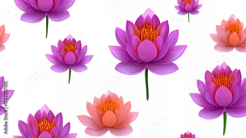 Seamless Pattern of Pink and Orange Lotus Flowers on White Background Floral Design