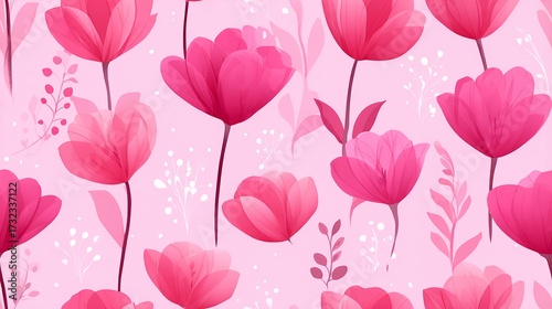 Seamless Pattern of Pink Flowers and Leaves on a Pale Pink Background Vector Art