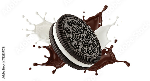 Chocolate cookie with cream filling splashing into milk and chocolate isolated on transparent background