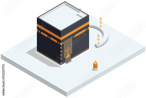 Isometric illustration of Kaaba in Mecca with golden details. Islamic holy place, Hajj and Umrah pilgrimage concept. Makkah al-Mukarramah