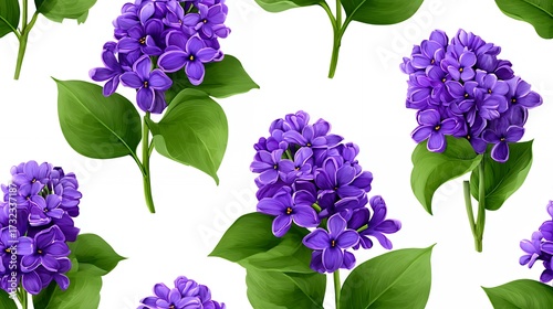 Seamless Pattern of Purple Lilac Flowers with Green Leaves on White Background