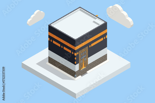 Isometric illustration of Kaaba in Mecca with golden details. Islamic holy place, Hajj and Umrah pilgrimage concept. Makkah al-Mukarramah
