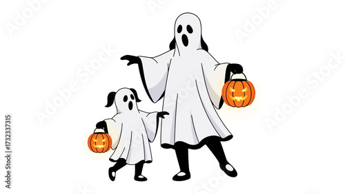 Spooky Halloween Adventure: A pair of adorable ghosts, each holding a carved jack-o'-lantern, embark on a trick-or-treating quest under the harvest moon.