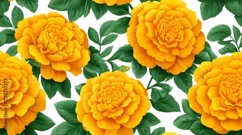 Seamless Pattern of Vibrant Orange Flowers with Green Leaves on a White Background