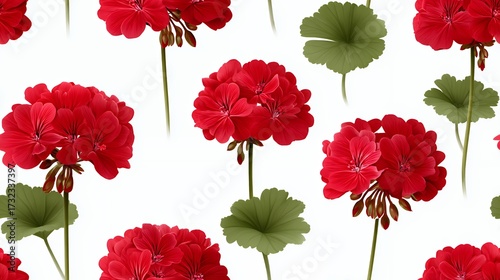 Seamless Pattern of Vibrant Red Geranium Flowers and Lush Green Leaves on a White Backdrop
