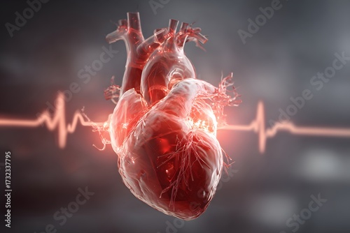 Realistic anatomical heart beats with vital signs display.