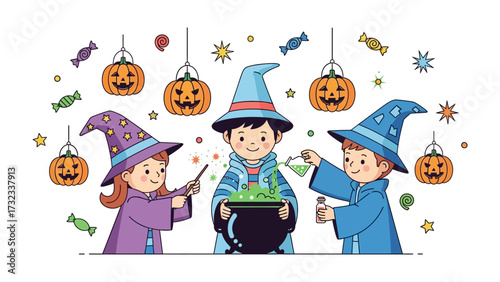 Magical Halloween Brew: Whimsical cartoon illustration of three young wizards, surrounded by pumpkins and candies, concocting a bubbling potion with a playful, inviting atmosphere.