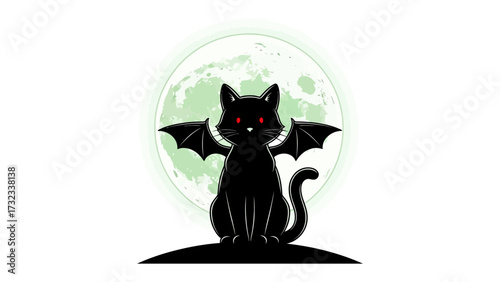 Spooky Silhouette: A black cat silhouette with bat wings and glowing red eyes sits centered, gazing at a large moon, evoking a sense of Halloween and mystery.