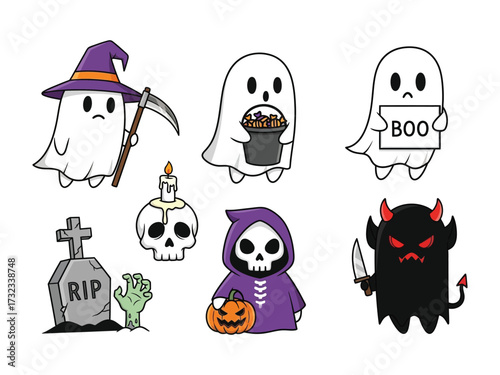 Spooky Halloween Characters Set: A whimsical assortment of Halloween figures. Each one is a cartoon rendition of Halloween spirit and mischief.