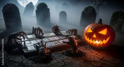 Spooky Halloween board game night in a foggy graveyard with a glowing jack o lantern.