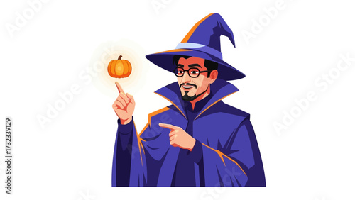 The Wizard's Magic Pumpkin: A sophisticated wizard, donning a pointed hat and spectacles, levitates a glowing pumpkin, showcasing the enchantment of a whimsical Halloween scene.