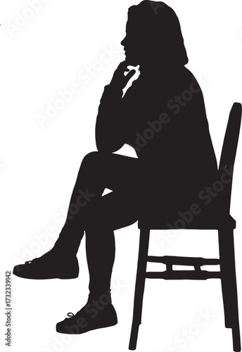 vector, silhouette of a side view of a woman sitting on chair , cross legged and hand on chin