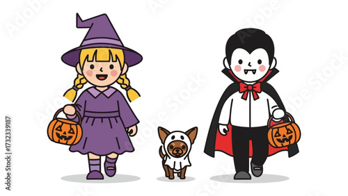 Halloween Trio: A cheerful illustration depicts two children, dressed as a witch and a vampire, along with their adorable dog in a ghost costume, joyfully preparing for a night of spooky fun.