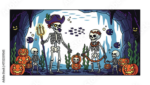 Spooky Undersea Halloween: A haunting scene unfolds beneath the waves, with eerie skeletons amidst carved pumpkins and ghostly fish, rendered in a vibrant illustrative style.
