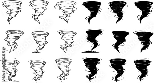 vector set of tornado twister cyclone sketch and silhouette vector set

