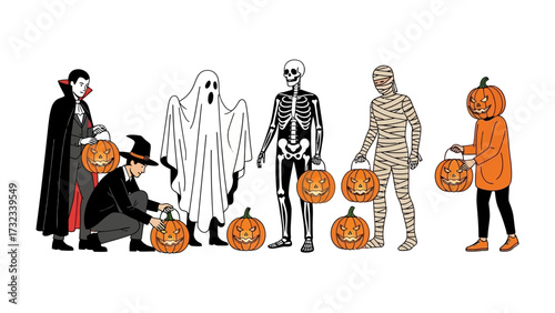 Halloween Gathering: A diverse group of costumed individuals, including a vampire, ghost, skeleton, mummy, and pumpkin-headed figure, gathering for Halloween. Each is holding a carved pumpkin lantern.