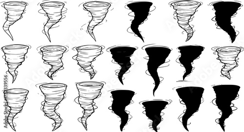 vector set of tornado twister cyclone sketch and silhouette vector set
