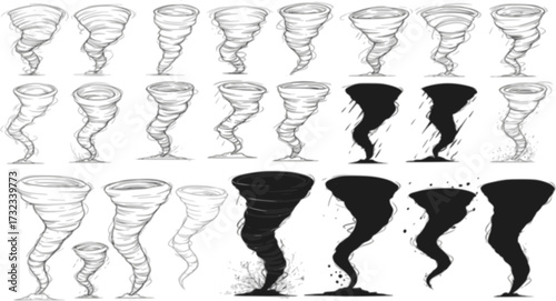 vector set of tornado twister cyclone sketch and silhouette vector set
