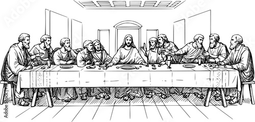 Hand-Drawn Vintage Sketch of The Last Supper – Jesus Christ with Twelve Apostles at the Table, Religious Fresco Vector Illustration
