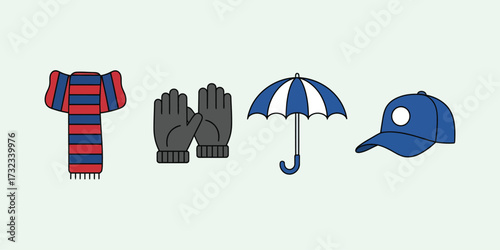 Winter accessories including scarf, gloves, umbrella, and cap arranged on light background suggesting cold weather preparation and seasonal fashion.