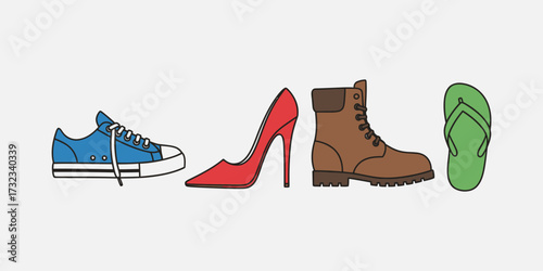 Assorted footwear showcases different styles including sneakers, heels, boots, and flip flops on a clean white surface, offering variety and choice.