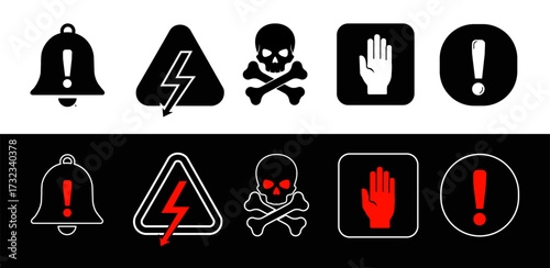 Warning and attention hazard signs. Alert, stop, toxic, electrical risk icons. Vector illustration.