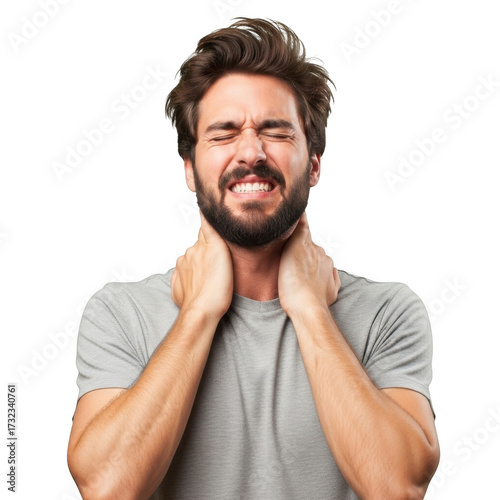 Man experiencing neck pain and discomfort holding his throat in studio portrait isolated on transparent background