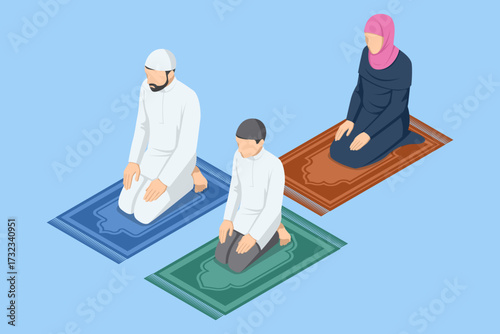 Isometric illustration of Muslim man, boy and woman in traditional clothing praying on carpet. Islamic worship, religion and culture concept.
