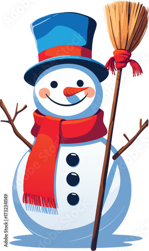 snowman with a vibrant red scarf and a blue top hat, smiling with a cheerful expression, holding a sturdy broomstick 3.eps, snowman with a vibrant red scarf and a blue top hat, smiling with a cheerful