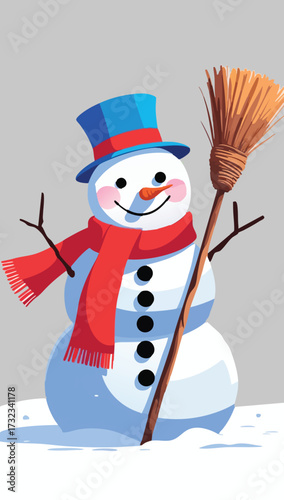 snowman with a vibrant red scarf and a blue top hat, smiling with a cheerful expression, holding a sturdy broomstick 3.eps, snowman with a vibrant red scarf and a blue top hat, smiling with a cheerful