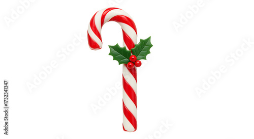 Christmas candy cane ornament with greenery On White