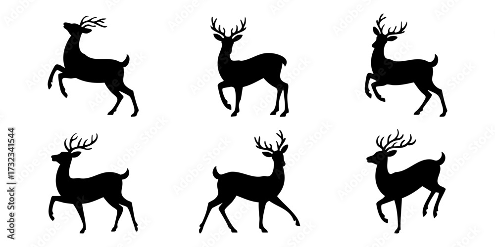 Fototapeta premium Set of deer silhouettes isolated on white background, black and white style. Vector illustration.