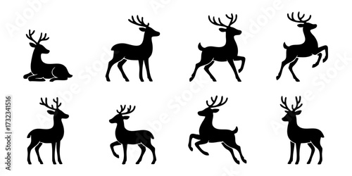 Set of deer silhouettes isolated on white background, black and white style. Vector illustration.