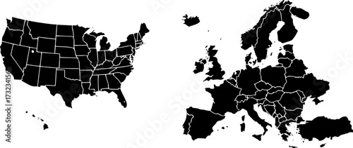 Vector illustration of USA and Europe maps in blue shades, showcasing geographical outlines with a modern, minimalist design on white background.
