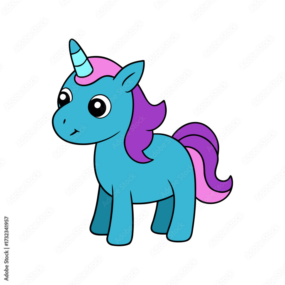 Fototapeta premium Adorable and charming cartoon baby unicorn illustration. A cute mythical creature with a vibrant blue body, playful pink mane, and sparkling eyes, perfect for magical designs