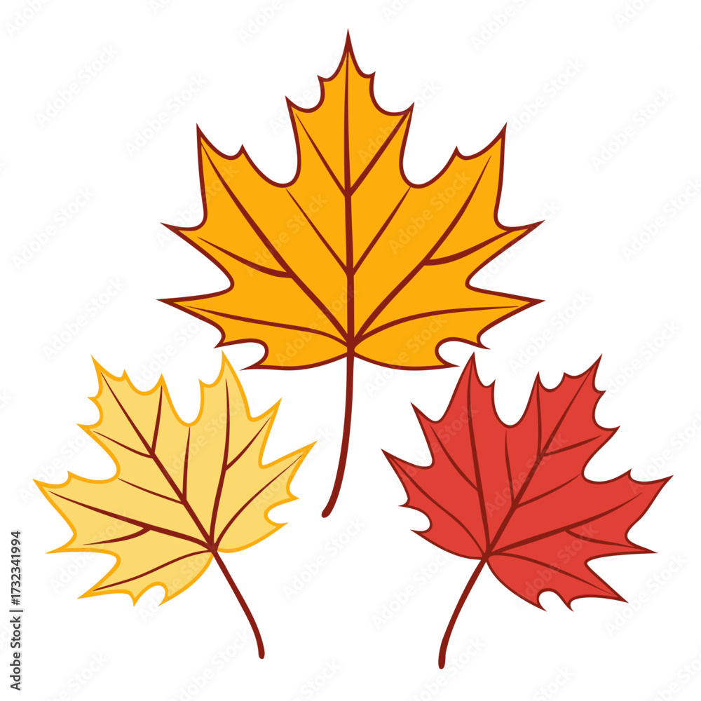 Obraz premium Vibrant illustration of three colorful autumn maple leaves in warm yellow, orange, and red hues, symbolizing the beauty of the fall season and changing nature