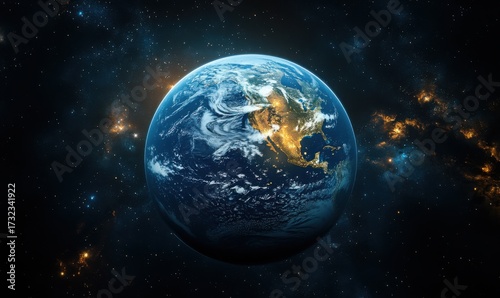 Fototapeta Naklejka Na Ścianę i Meble -  Majestic earth seen from space with glowing city lights and distant stars